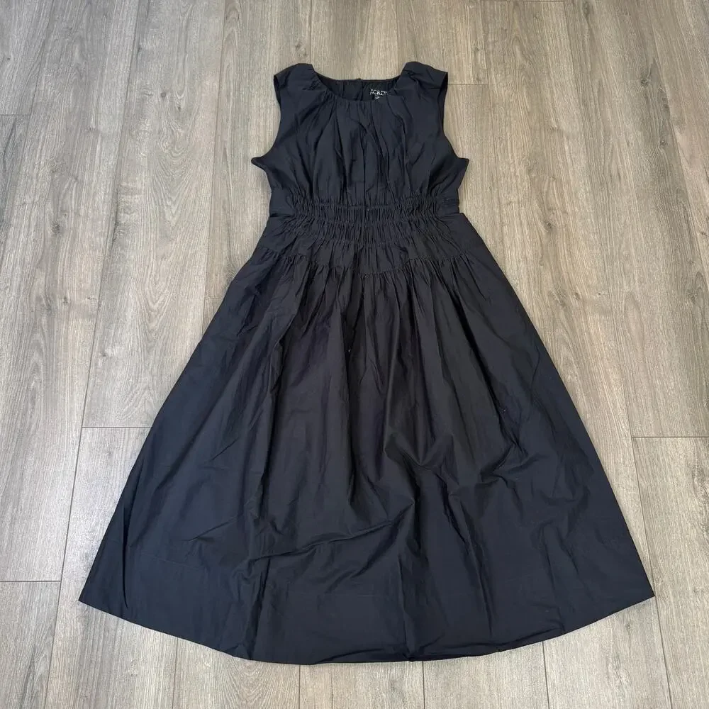 J.Crew Hyacinth Midi Dress WMNS PL Black A-Line Smocked Sleeveless Side Pockets